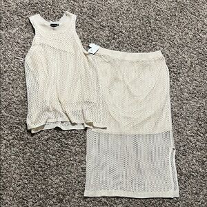 Sleeveless Knit Tank and Midi Skirt Set - Cream